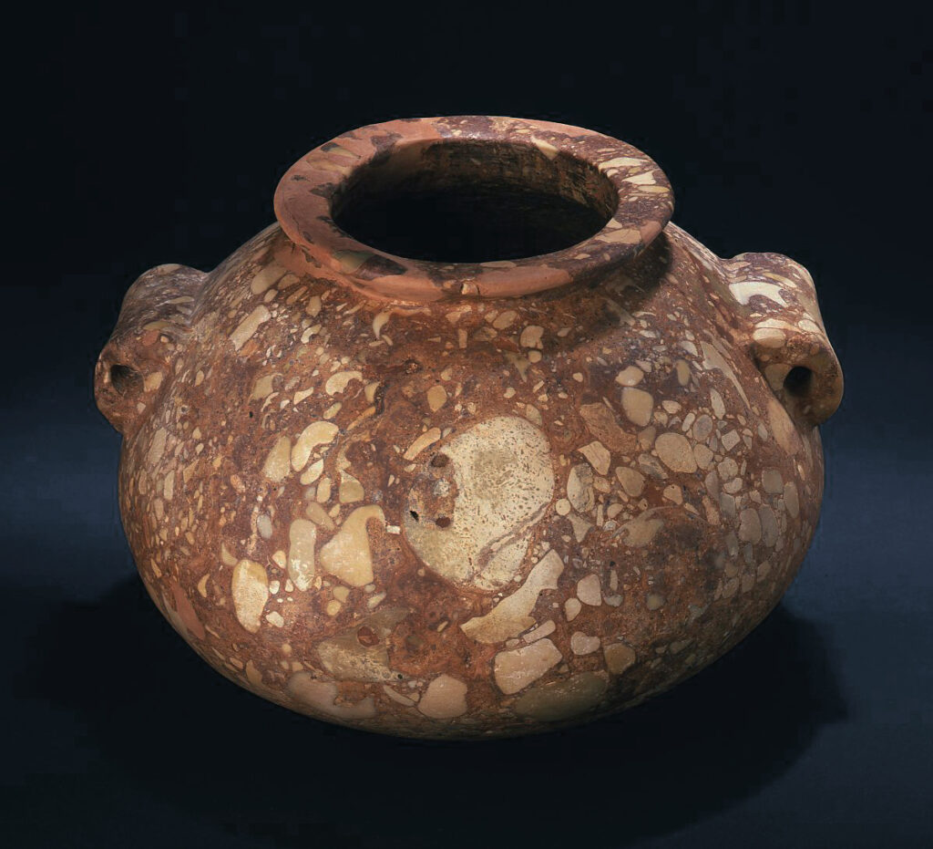 Vaso di forma schiacciata con bordo estroflesso e anse &#8220;a orecchio&#8221;